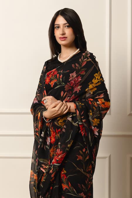 Buy Atelier Shikaarbagh Black Chiffon, Silk Satin Floral Print Saree With Unstitched Blouse Piece Online at Aza Fashions Buy_Atelier Shikaarbagh_Black Chiffon, Silk Satin Floral Print Saree With Unstitched Blouse Piece _Online_at_Aza_Fashions