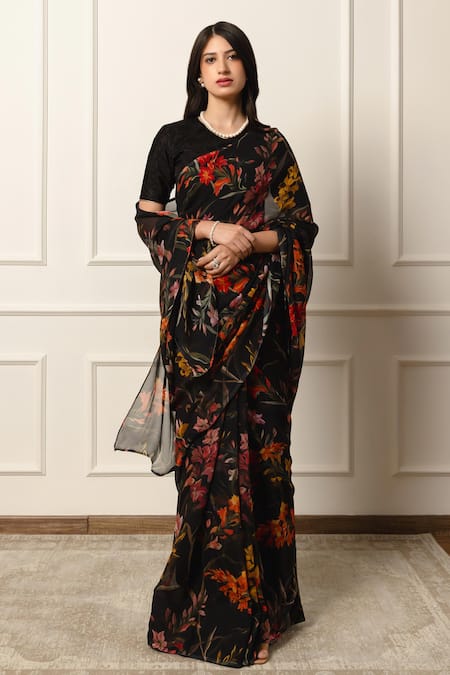 Shop Atelier Shikaarbagh Black Chiffon, Silk Satin Floral Print Saree With Unstitched Blouse Piece Online at Aza Fashions Shop_Atelier Shikaarbagh_Black Chiffon, Silk Satin Floral Print Saree With Unstitched Blouse Piece _Online_at_Aza_Fashions
