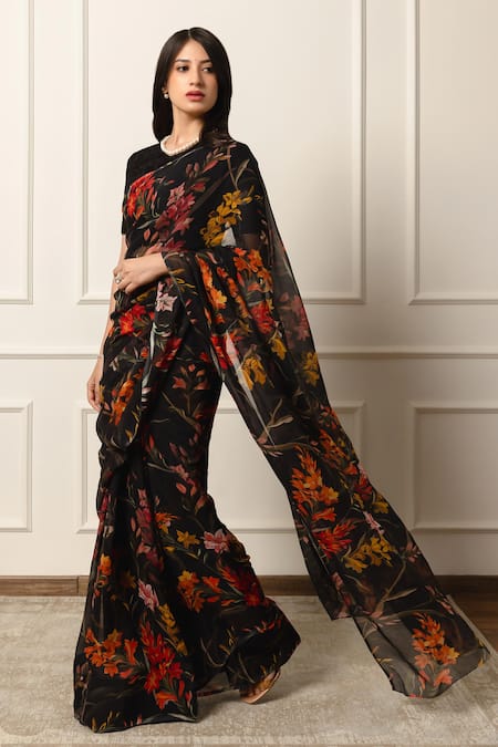 Atelier Shikaarbagh Black Chiffon, Silk Satin Floral Print Saree With Unstitched Blouse Piece at Aza Fashions Atelier Shikaarbagh_Black Chiffon, Silk Satin Floral Print Saree With Unstitched Blouse Piece _at_Aza_Fashions