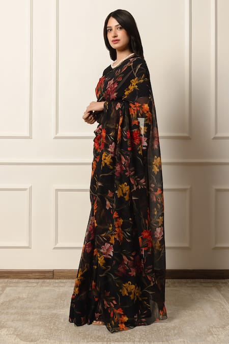 Buy Atelier Shikaarbagh Black Chiffon, Silk Satin Floral Print Saree With Unstitched Blouse Piece Buy_Atelier Shikaarbagh_Black Chiffon, Silk Satin Floral Print Saree With Unstitched Blouse Piece