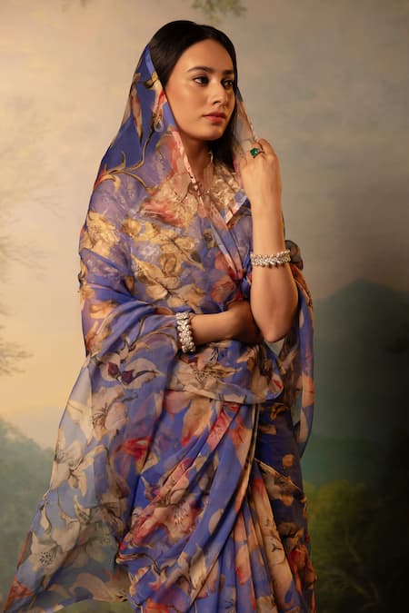 Atelier Shikaarbagh_Blue Chiffon, Chanderi Printed Saree With Unstitched Blouse Piece _Online_at_Aza_Fashions