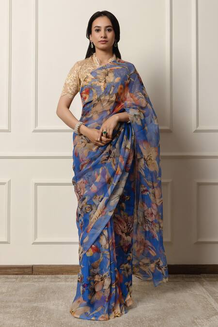 Buy_Atelier Shikaarbagh_Blue Chiffon, Chanderi Printed Saree With Unstitched Blouse Piece _Online_at_Aza_Fashions
