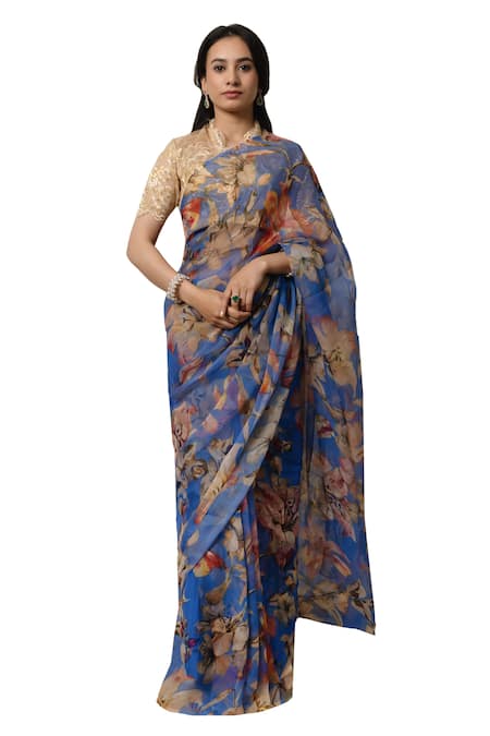 Shop_Atelier Shikaarbagh_Blue Chiffon, Chanderi Printed Saree With Unstitched Blouse Piece _Online_at_Aza_Fashions