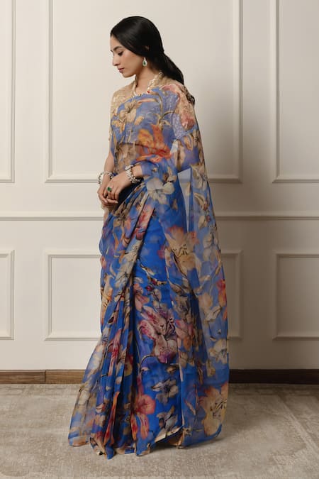 Atelier Shikaarbagh_Blue Chiffon, Chanderi Printed Saree With Unstitched Blouse Piece _at_Aza_Fashions