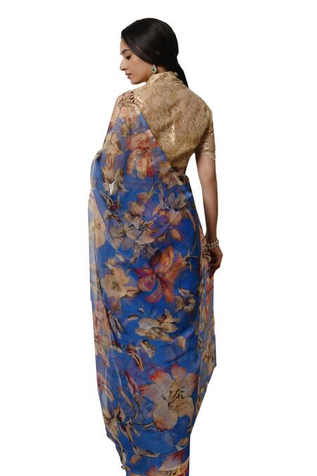 Buy_Atelier Shikaarbagh_Blue Chiffon, Chanderi Printed Saree With Unstitched Blouse Piece 