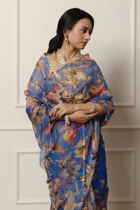 Shop_Atelier Shikaarbagh_Blue Chiffon, Chanderi Printed Saree With Unstitched Blouse Piece 