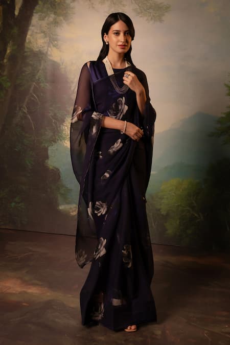 Atelier Shikaarbagh_Blue Silk Satin, Chiffon Rose Print Saree With Unstitched Blouse Piece _at_Aza_Fashions