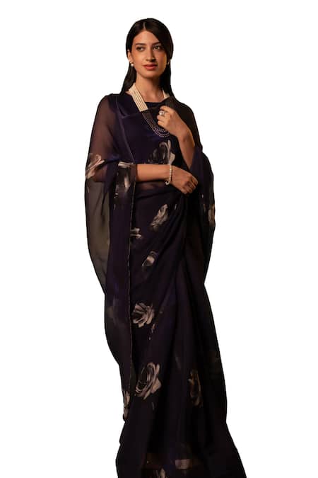 Shop_Atelier Shikaarbagh_Blue Silk Satin, Chiffon Rose Print Saree With Unstitched Blouse Piece 