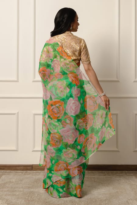 Atelier Shikaarbagh Blossom Print Saree With Unstitched Blouse Piece 