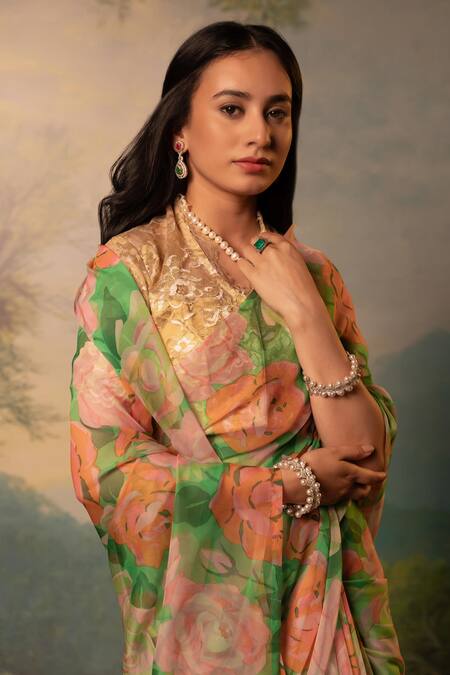 Atelier Shikaarbagh Green Chiffon Blossom Print Saree With Unstitched Blouse Piece Online at Aza Fashions Atelier Shikaarbagh_Green Chiffon Blossom Print Saree With Unstitched Blouse Piece _Online_at_Aza_Fashions