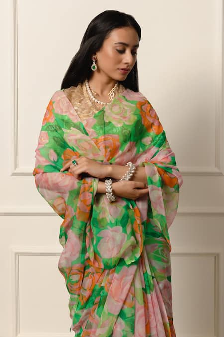 Buy Atelier Shikaarbagh Green Chiffon Blossom Print Saree With Unstitched Blouse Piece Online at Aza Fashions Buy_Atelier Shikaarbagh_Green Chiffon Blossom Print Saree With Unstitched Blouse Piece _Online_at_Aza_Fashions