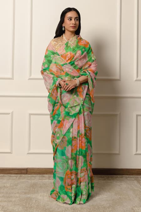 Shop Atelier Shikaarbagh Green Chiffon Blossom Print Saree With Unstitched Blouse Piece Online at Aza Fashions Shop_Atelier Shikaarbagh_Green Chiffon Blossom Print Saree With Unstitched Blouse Piece _Online_at_Aza_Fashions