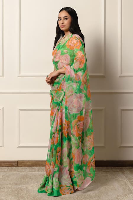 Atelier Shikaarbagh Green Chiffon Blossom Print Saree With Unstitched Blouse Piece at Aza Fashions Atelier Shikaarbagh_Green Chiffon Blossom Print Saree With Unstitched Blouse Piece _at_Aza_Fashions
