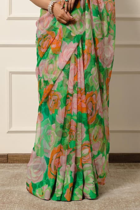 Buy Atelier Shikaarbagh Green Chiffon Blossom Print Saree With Unstitched Blouse Piece Buy_Atelier Shikaarbagh_Green Chiffon Blossom Print Saree With Unstitched Blouse Piece