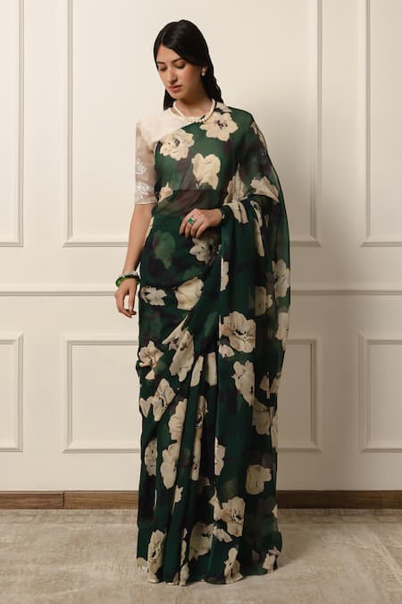 Atelier Shikaarbagh Green Saree French Chiffon Printed Contrast With Unstitched Blouse Piece 