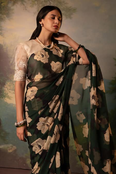 Atelier Shikaarbagh_Green Chiffon, Silk Contrast Rose Print Saree With Unstitched Blouse Piece _Online_at_Aza_Fashions