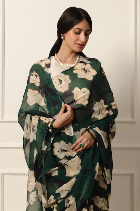 Buy_Atelier Shikaarbagh_Green Chiffon, Silk Contrast Rose Print Saree With Unstitched Blouse Piece _Online_at_Aza_Fashions