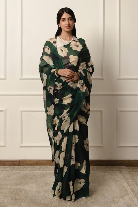 Shop_Atelier Shikaarbagh_Green Chiffon, Silk Contrast Rose Print Saree With Unstitched Blouse Piece _Online_at_Aza_Fashions