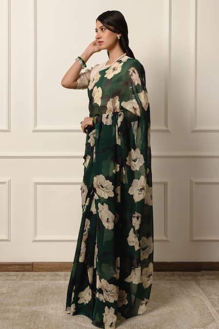 Atelier Shikaarbagh_Green Chiffon, Silk Contrast Rose Print Saree With Unstitched Blouse Piece _at_Aza_Fashions