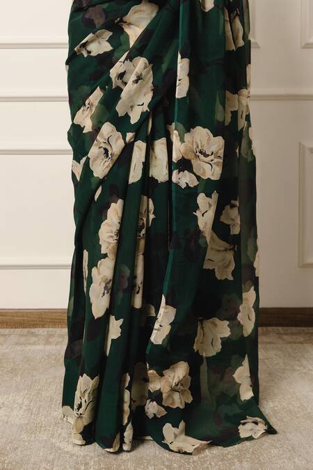 Buy_Atelier Shikaarbagh_Green Chiffon, Silk Contrast Rose Print Saree With Unstitched Blouse Piece 
