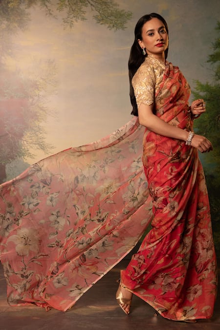 Atelier Shikaarbagh_Red Satin, Chiffon Botanical Print Saree With Unstitched Blouse Piece _Online_at_Aza_Fashions