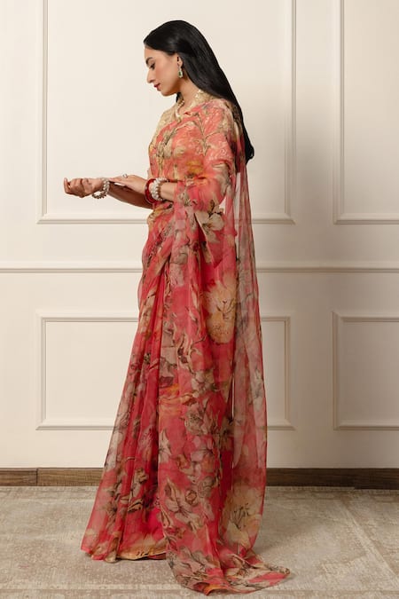 Shop_Atelier Shikaarbagh_Red Satin, Chiffon Botanical Print Saree With Unstitched Blouse Piece _Online_at_Aza_Fashions