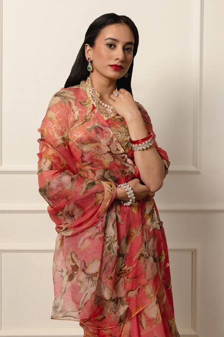 Atelier Shikaarbagh_Red Satin, Chiffon Botanical Print Saree With Unstitched Blouse Piece _at_Aza_Fashions