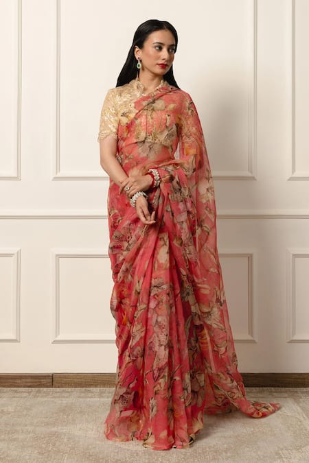 Buy_Atelier Shikaarbagh_Red Satin, Chiffon Botanical Print Saree With Unstitched Blouse Piece 