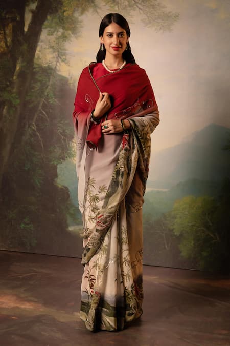 Atelier Shikaarbagh Maroon Saree French Chiffon Printed Two Tone With Unstitched Blouse Piece 