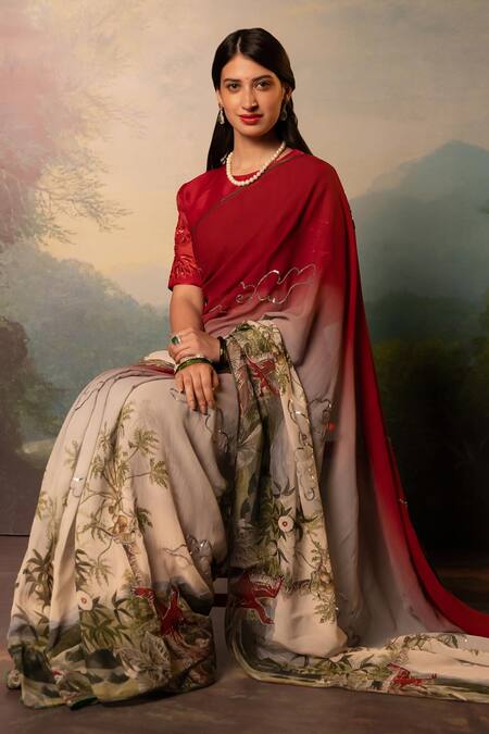 Atelier Shikaarbagh_Maroon Silk Organza Two Tone Saree With Unstitched Blouse Piece _Online_at_Aza_Fashions
