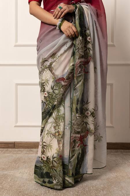 Buy_Atelier Shikaarbagh_Maroon Silk Organza Two Tone Saree With Unstitched Blouse Piece _Online_at_Aza_Fashions