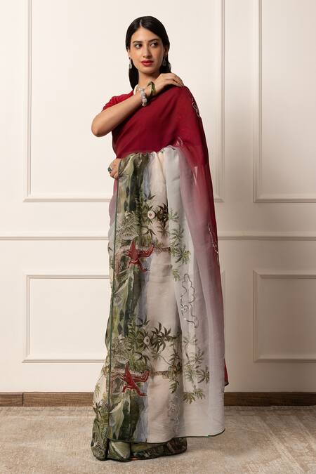 Shop_Atelier Shikaarbagh_Maroon Silk Organza Two Tone Saree With Unstitched Blouse Piece _Online_at_Aza_Fashions