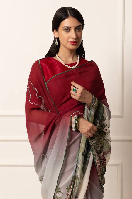 Atelier Shikaarbagh_Maroon Silk Organza Two Tone Saree With Unstitched Blouse Piece _at_Aza_Fashions