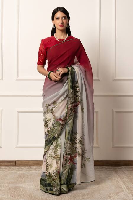 Buy_Atelier Shikaarbagh_Maroon Silk Organza Two Tone Saree With Unstitched Blouse Piece 