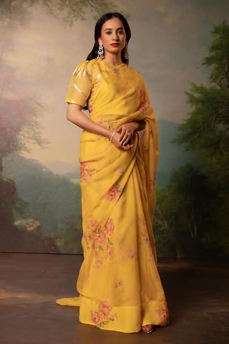 Atelier Shikaarbagh Yellow Saree French Chiffon Printed Bloom With Unstitched Blouse Piece 