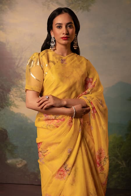 Atelier Shikaarbagh_Yellow Lurex Bloom Print Saree With Unstitched Blouse Piece _Online_at_Aza_Fashions