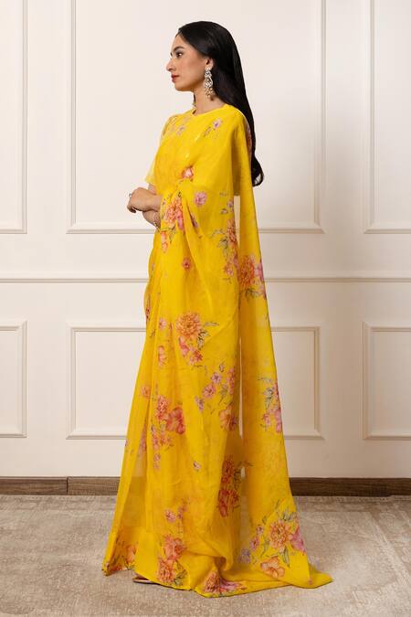 Buy_Atelier Shikaarbagh_Yellow Lurex Bloom Print Saree With Unstitched Blouse Piece _Online_at_Aza_Fashions
