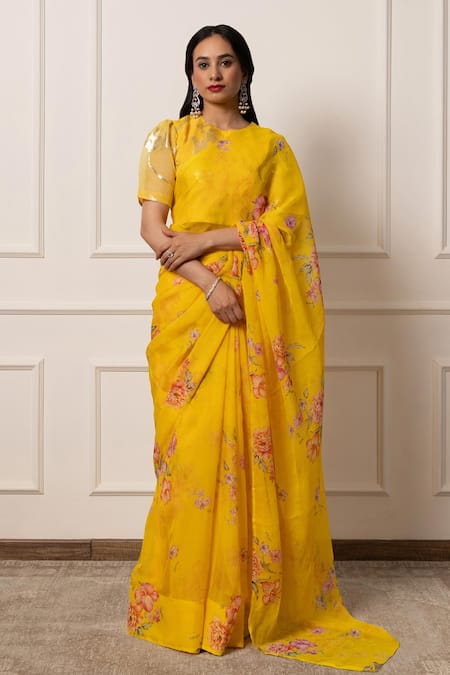 Shop_Atelier Shikaarbagh_Yellow Lurex Bloom Print Saree With Unstitched Blouse Piece _Online_at_Aza_Fashions