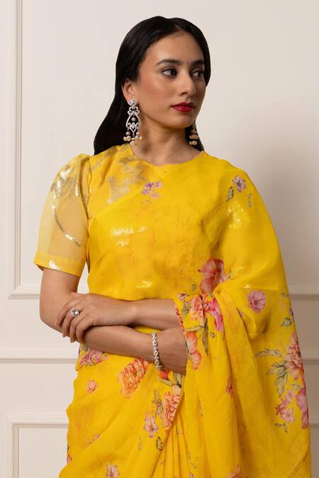 Atelier Shikaarbagh_Yellow Lurex Bloom Print Saree With Unstitched Blouse Piece _at_Aza_Fashions