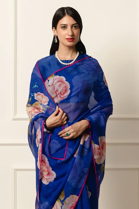 Buy Atelier Shikaarbagh Blue Chiffon, Silk Organza Contrast Print Saree With Unstitched Blouse Piece Online at Aza Fashions Buy_Atelier Shikaarbagh_Blue Chiffon, Silk Organza Contrast Print Saree With Unstitched Blouse Piece _Online_at_Aza_Fashions