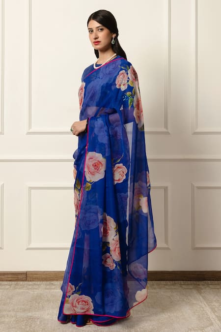 Shop Atelier Shikaarbagh Blue Chiffon, Silk Organza Contrast Print Saree With Unstitched Blouse Piece Online at Aza Fashions Shop_Atelier Shikaarbagh_Blue Chiffon, Silk Organza Contrast Print Saree With Unstitched Blouse Piece _Online_at_Aza_Fashions