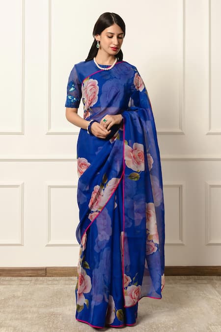 Atelier Shikaarbagh Blue Chiffon, Silk Organza Contrast Print Saree With Unstitched Blouse Piece at Aza Fashions Atelier Shikaarbagh_Blue Chiffon, Silk Organza Contrast Print Saree With Unstitched Blouse Piece _at_Aza_Fashions