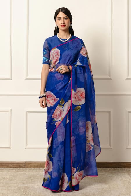 Buy Atelier Shikaarbagh Blue Chiffon, Silk Organza Contrast Print Saree With Unstitched Blouse Piece Buy_Atelier Shikaarbagh_Blue Chiffon, Silk Organza Contrast Print Saree With Unstitched Blouse Piece