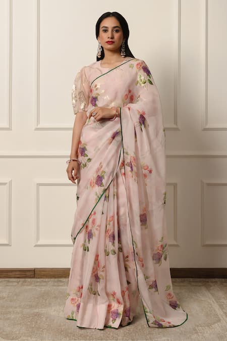 Atelier Shikaarbagh Pink Saree French Chiffon Printed Contrast Hem With Unstitched Blouse Piece 