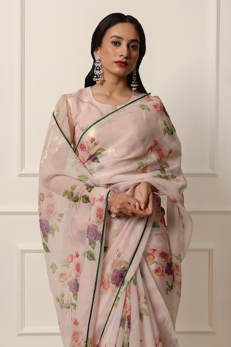 Buy_Atelier Shikaarbagh_Pink Lurex, Chiffon Contrast Hem Saree With Unstitched Blouse Piece _Online_at_Aza_Fashions