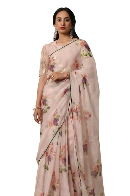 Shop_Atelier Shikaarbagh_Pink Lurex, Chiffon Contrast Hem Saree With Unstitched Blouse Piece _Online_at_Aza_Fashions