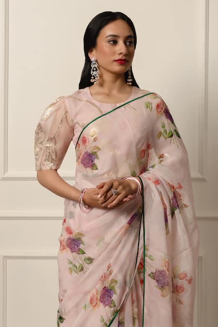 Buy_Atelier Shikaarbagh_Pink Lurex, Chiffon Contrast Hem Saree With Unstitched Blouse Piece 