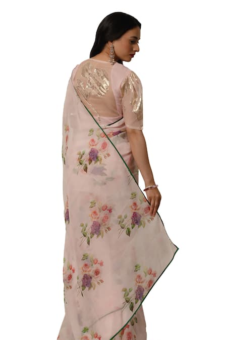 Shop_Atelier Shikaarbagh_Pink Lurex, Chiffon Contrast Hem Saree With Unstitched Blouse Piece 