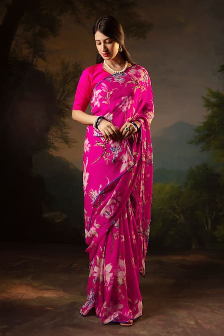 Atelier Shikaarbagh Pink Saree French Chiffon Printed Contrast Hem With Unstitched Blouse Piece 