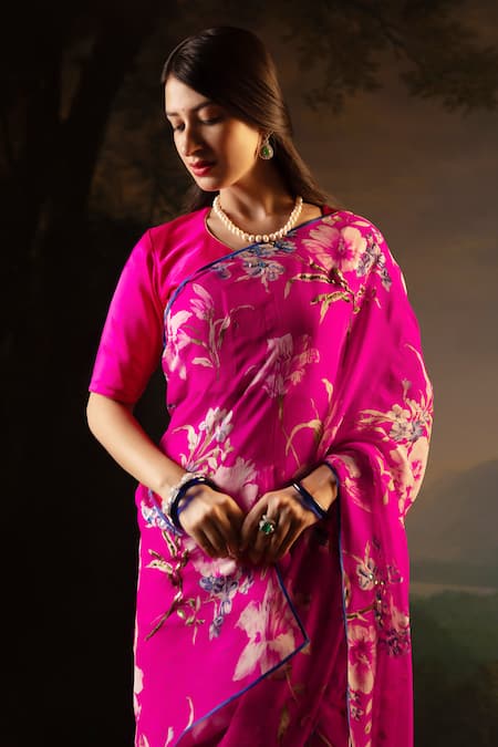 Atelier Shikaarbagh_Pink Silk Satin, Chiffon Contrast Hem Printed Saree With Unstitched Blouse Piece _Online_at_Aza_Fashions